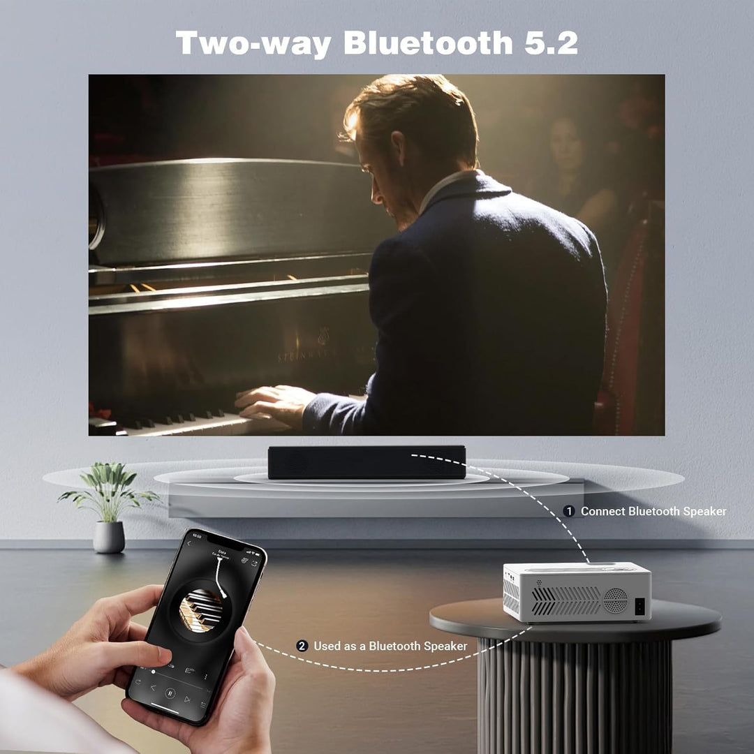 Beamer, Mini Beamer Tragbarer, Full HD 1080P unterstützt Projektor, 50%-100% Zoom, Bluetooth 5.2, 20