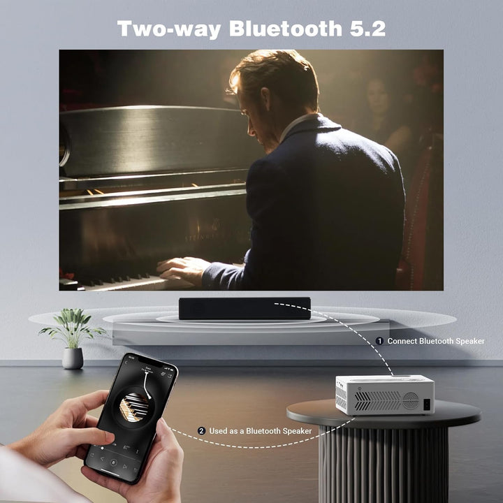 Beamer, Mini Beamer Tragbarer, Full HD 1080P unterstützt Projektor, 50%-100% Zoom, Bluetooth 5.2, 20