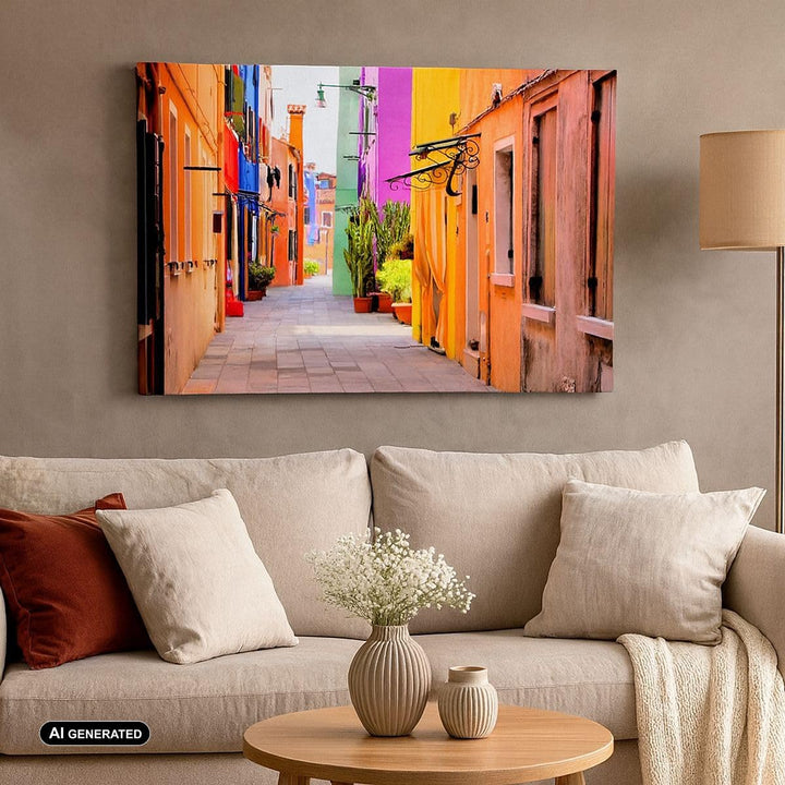 Bilder auf Leinwand 100x70cm Leinwandbild mit Rahmen Sommer Strasse Haus Gross Wanddeko Bild Schlafz