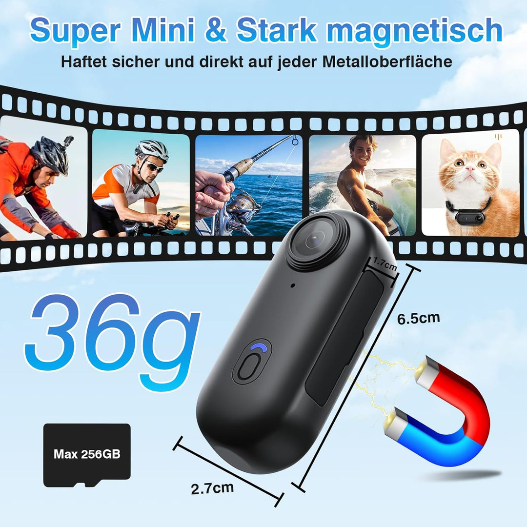 Actionkamera HD 1080P mit WiFi, Kleine wasserdichte Kamera 30M (IPX8) | 120 Min Akkulaufzeit | 360°+