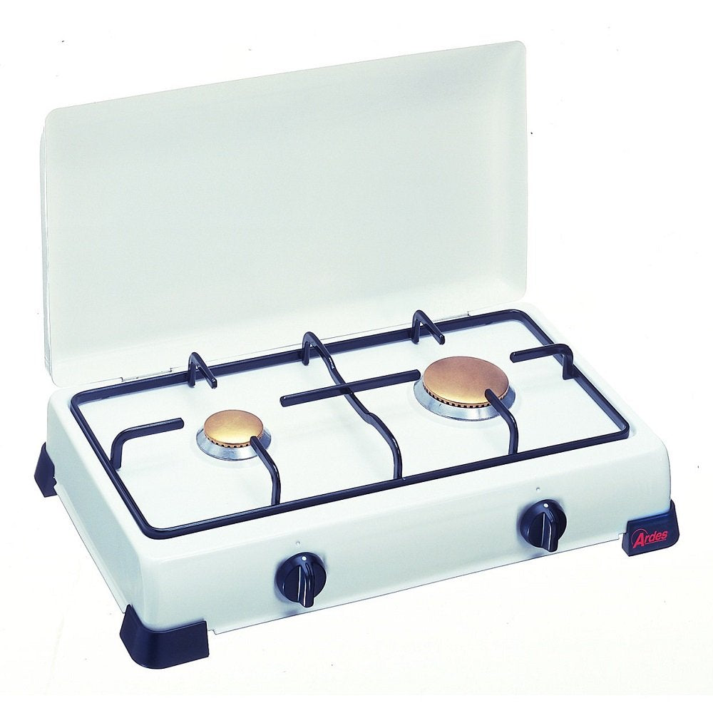 Ardes AR9S02PG ZEUS Gasemaillierter LPG 2 Brenner mit Deckel und Grill in emaillierter flacher, weis
