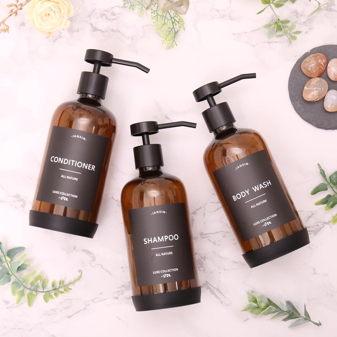 Janxin Shampoo- und Spülungsspender, Set mit 3 nachfüllbaren 600 ml Shampoo-Flaschen mit rutschfeste