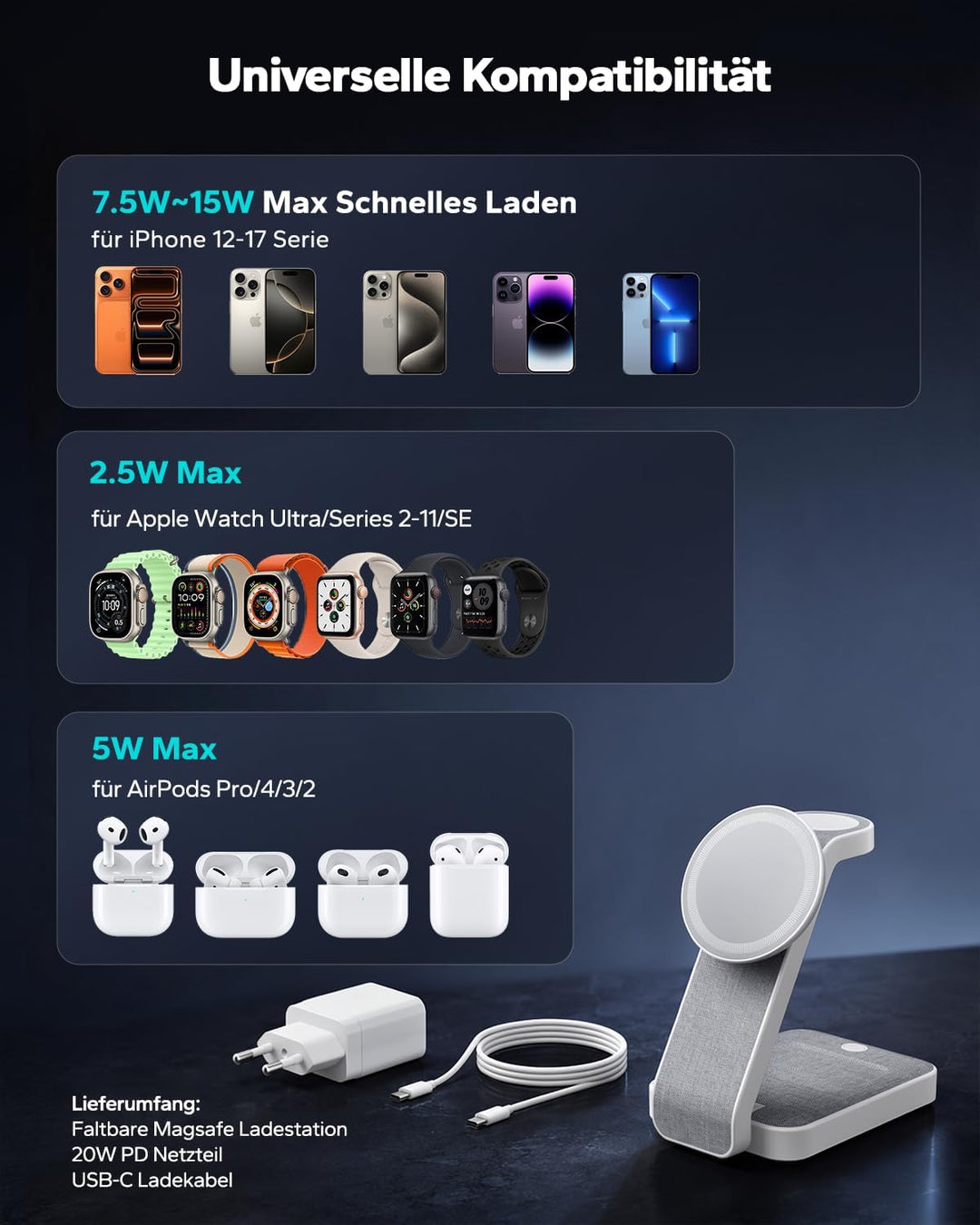 Eazpower Magsafe Ladestation für Apple Watch und iPhone 3 In 1 Faltbar, Kabellose iPhone Ladestation