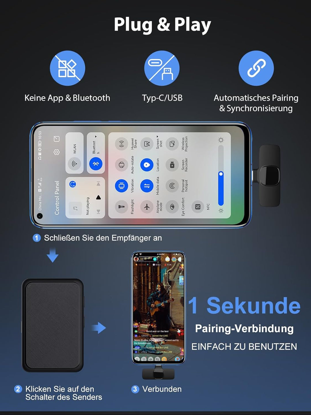 Handy Mikrofon Mini,Gimpro MB1(C) 2.4GHz【Type-C】 Plug&Play Ansteckmikrofon mit 1 Druck Stummschaltun