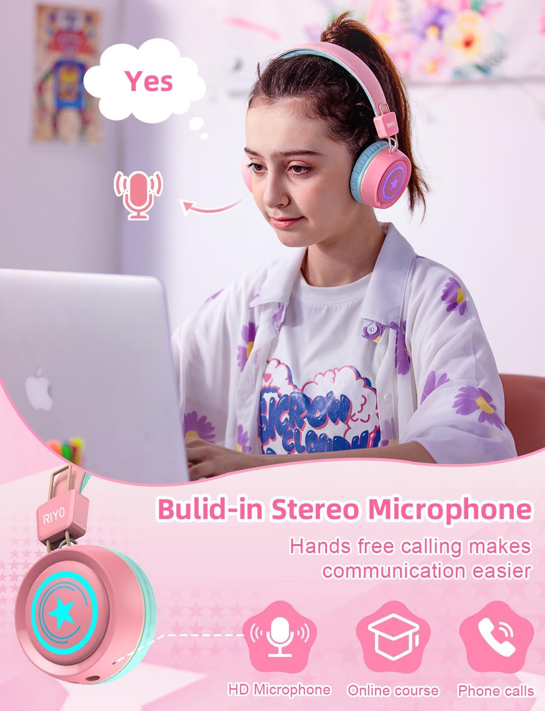 riyo Bluetooth Kopfhörer Kinder, Kinderkopfhörer Kabellos mit LED-Leuchten Bluetooth 5.0 Kinder Kopf