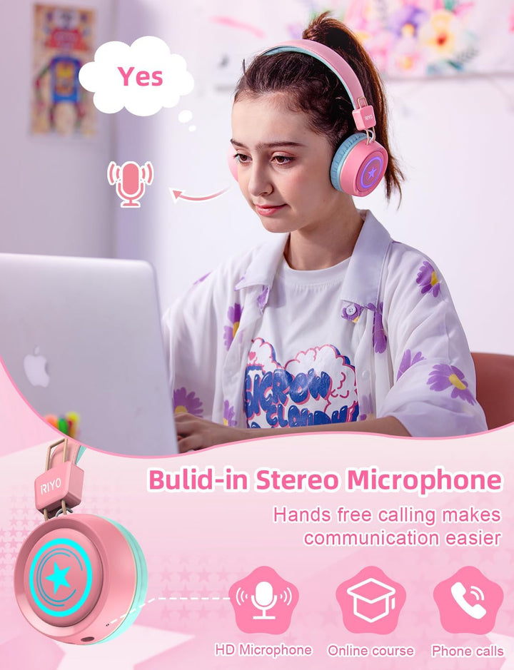riyo Bluetooth Kopfhörer Kinder, Kinderkopfhörer Kabellos mit LED-Leuchten Bluetooth 5.0 Kinder Kopf