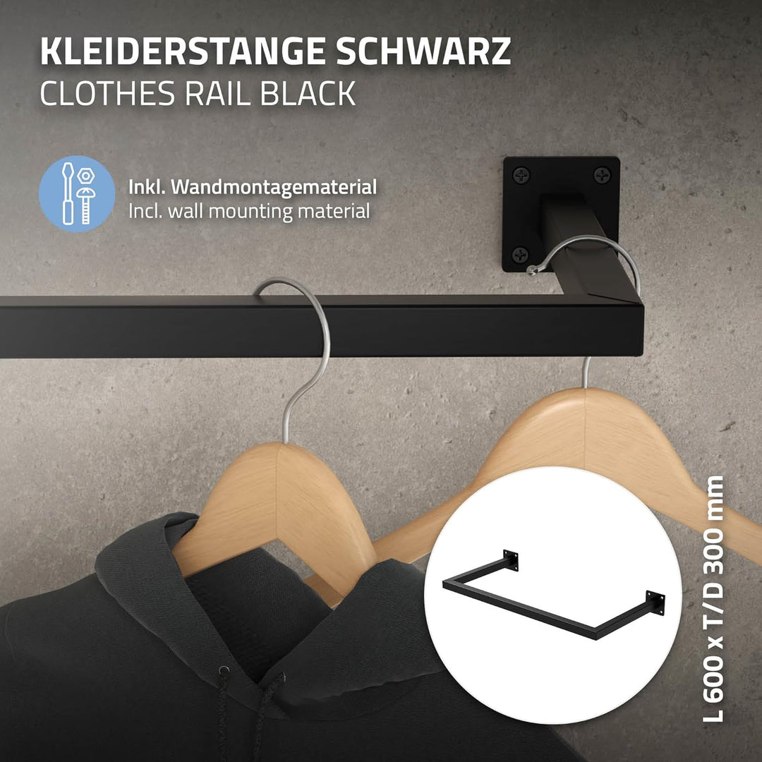 ML-Design 2er Set Kleiderstange Rechteck für die Wand, T30cm x B60cm, Schwarz, aus Stahl, Garderoben