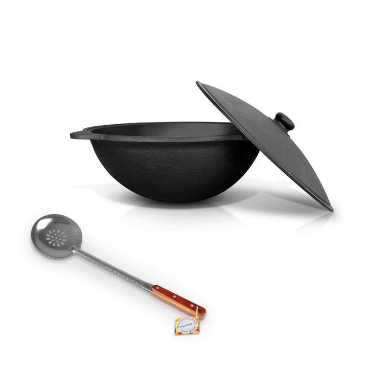 Gusseisen Kazan mit Aluminiumdeckel 22 L Deckel Schaumlöffel WOK Kochtopf Namangan Kasan Gusseisen U