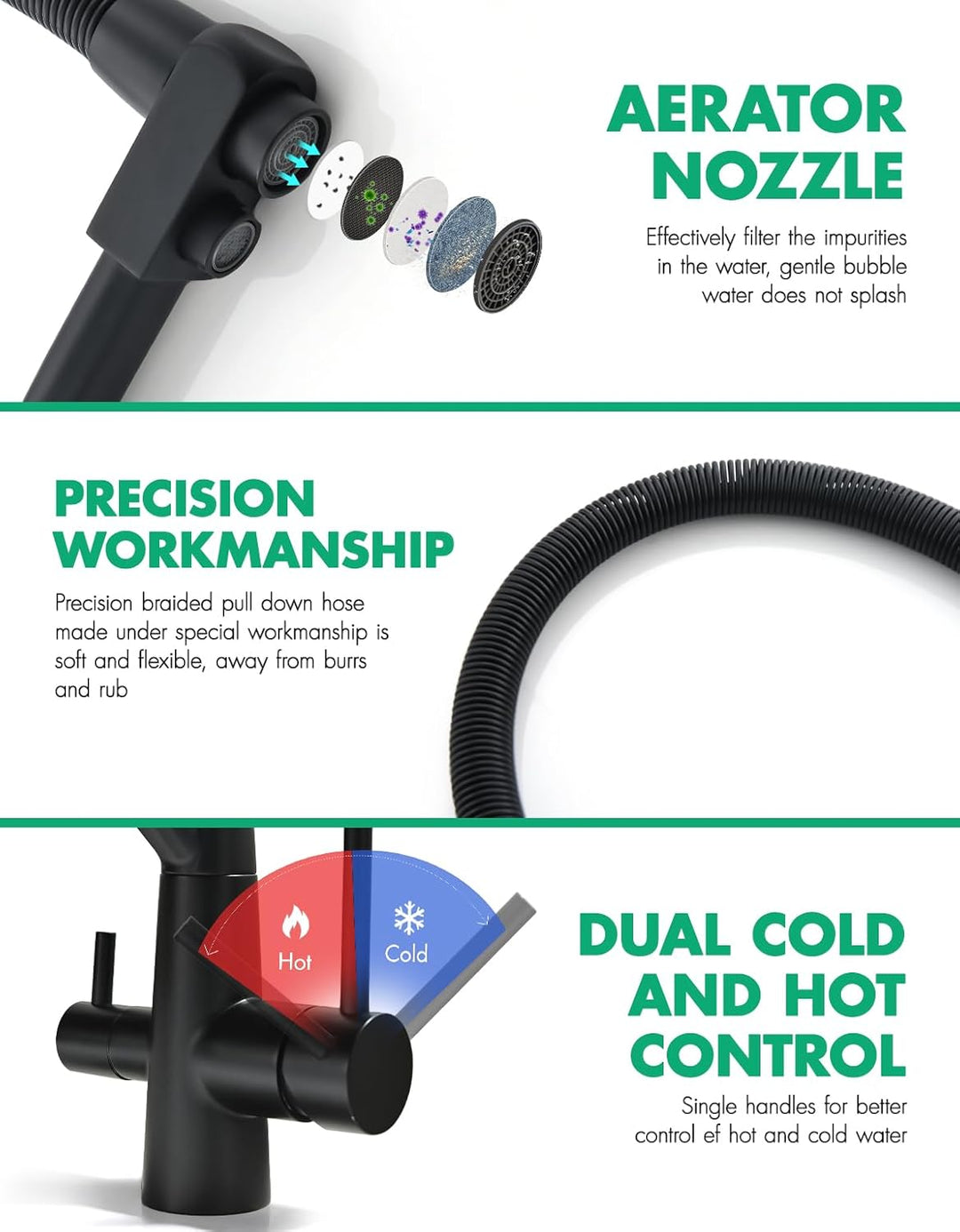 TIMACO 3 Wege Wasserhahn Küche Schwarz,Küchenarmatur-360° Drehbar,mit 3 in 1 Wasserhahn für Wasserfi