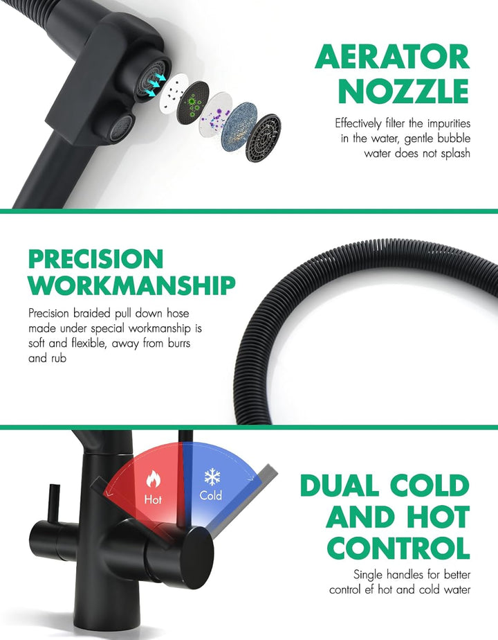 TIMACO 3 Wege Wasserhahn Küche Schwarz,Küchenarmatur-360° Drehbar,mit 3 in 1 Wasserhahn für Wasserfi