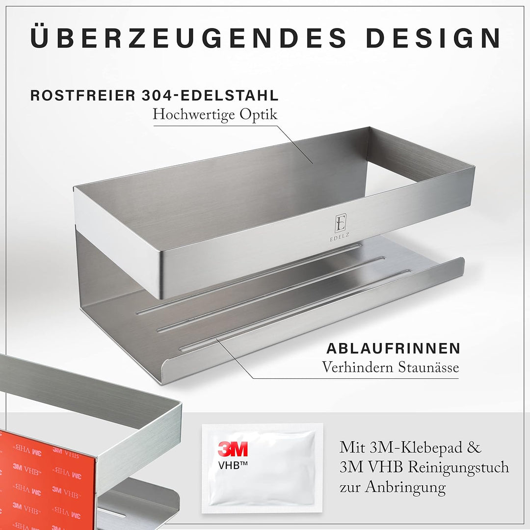 EDELZ® Bad Duschablage Duschkorb ohne Bohren – Shampoo Halterung für Dusche zum Kleben aus rostfreie