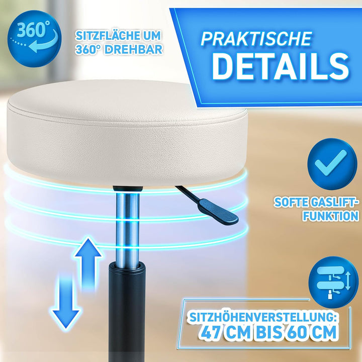 TRESKO® Rollhocker höhenverstellbar 10 cm Dicke Polsterung bis 150 kg | Hocker 47-60cm | Arbeitshock