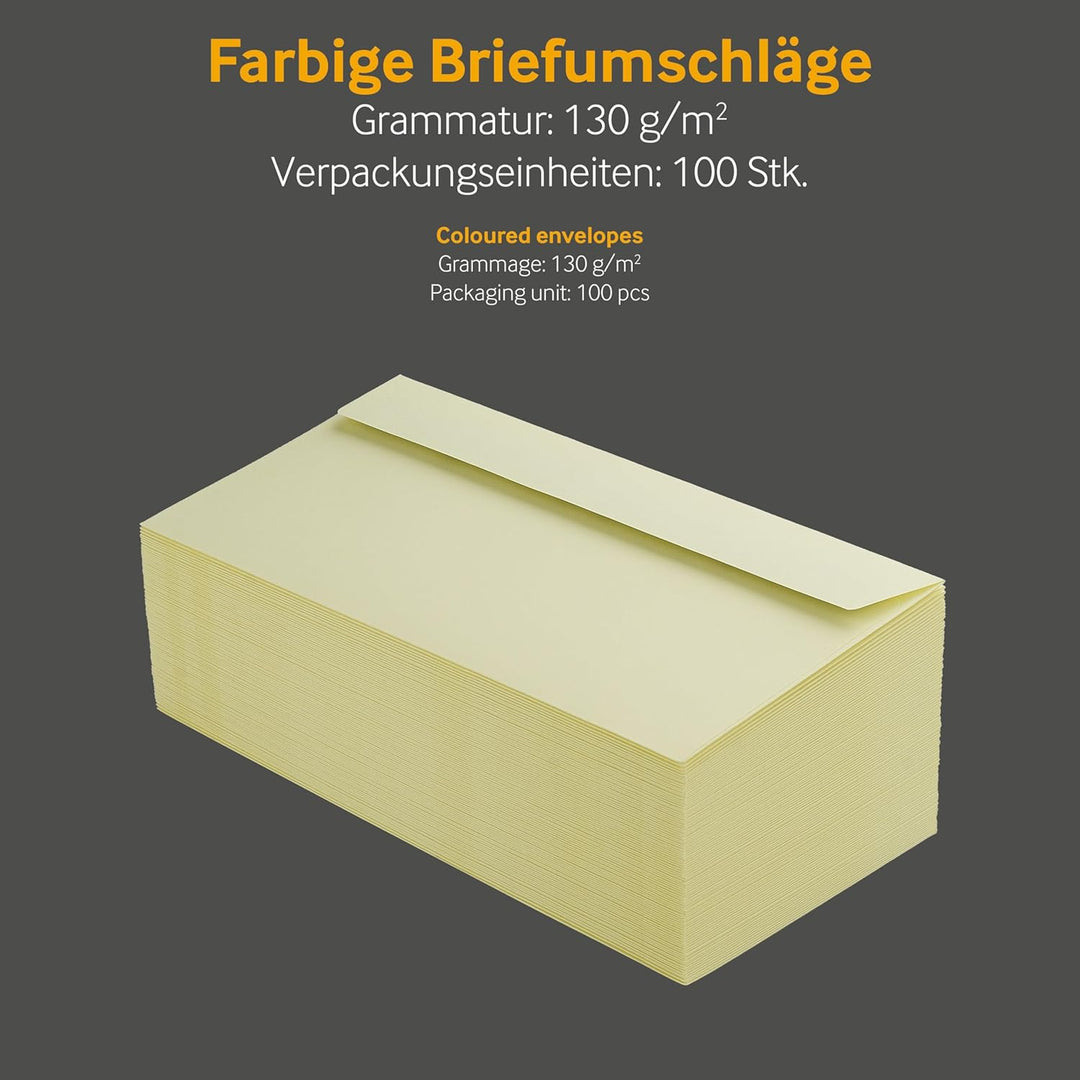 100 Stück, Farbige Briefumschläge, DIN C6/5, Haftklebung mit Abziehstreifen, Gerade Klappe, 130 g/qm