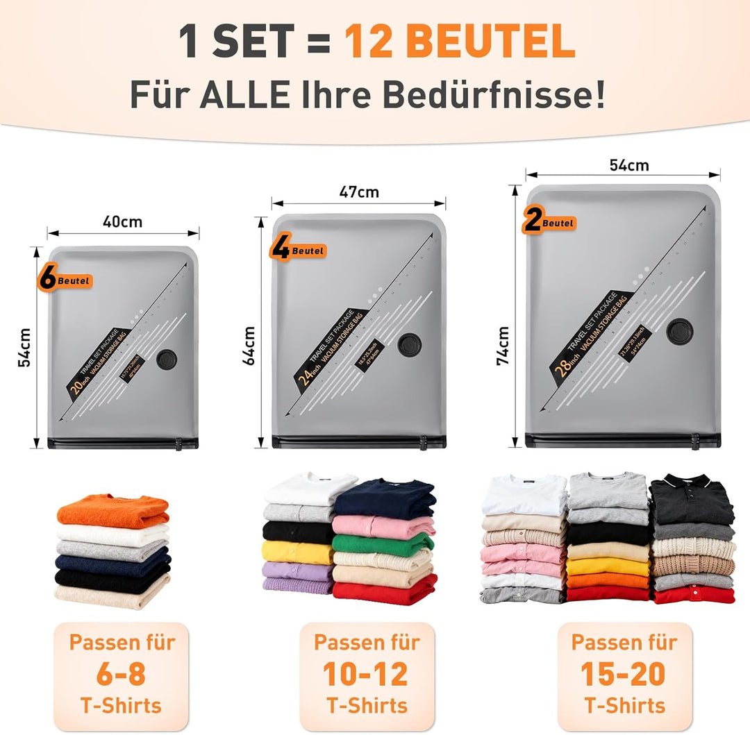 Vakuumbeutel für Kleidung mit Kabellose Vakuumpumpe, 12 Stück wiederverwendbare Vakuumbeutel für Kle