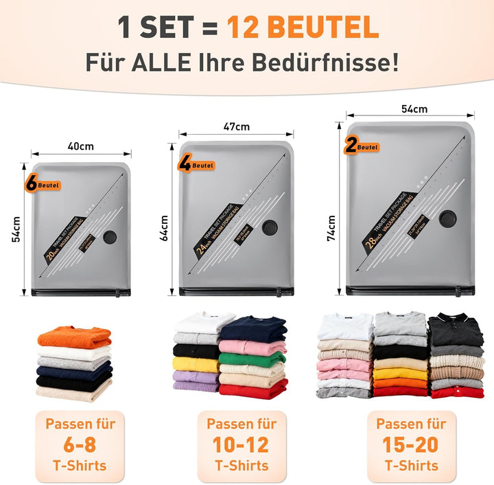 Vakuumbeutel für Kleidung mit Kabellose Vakuumpumpe, 12 Stück wiederverwendbare Vakuumbeutel für Kle