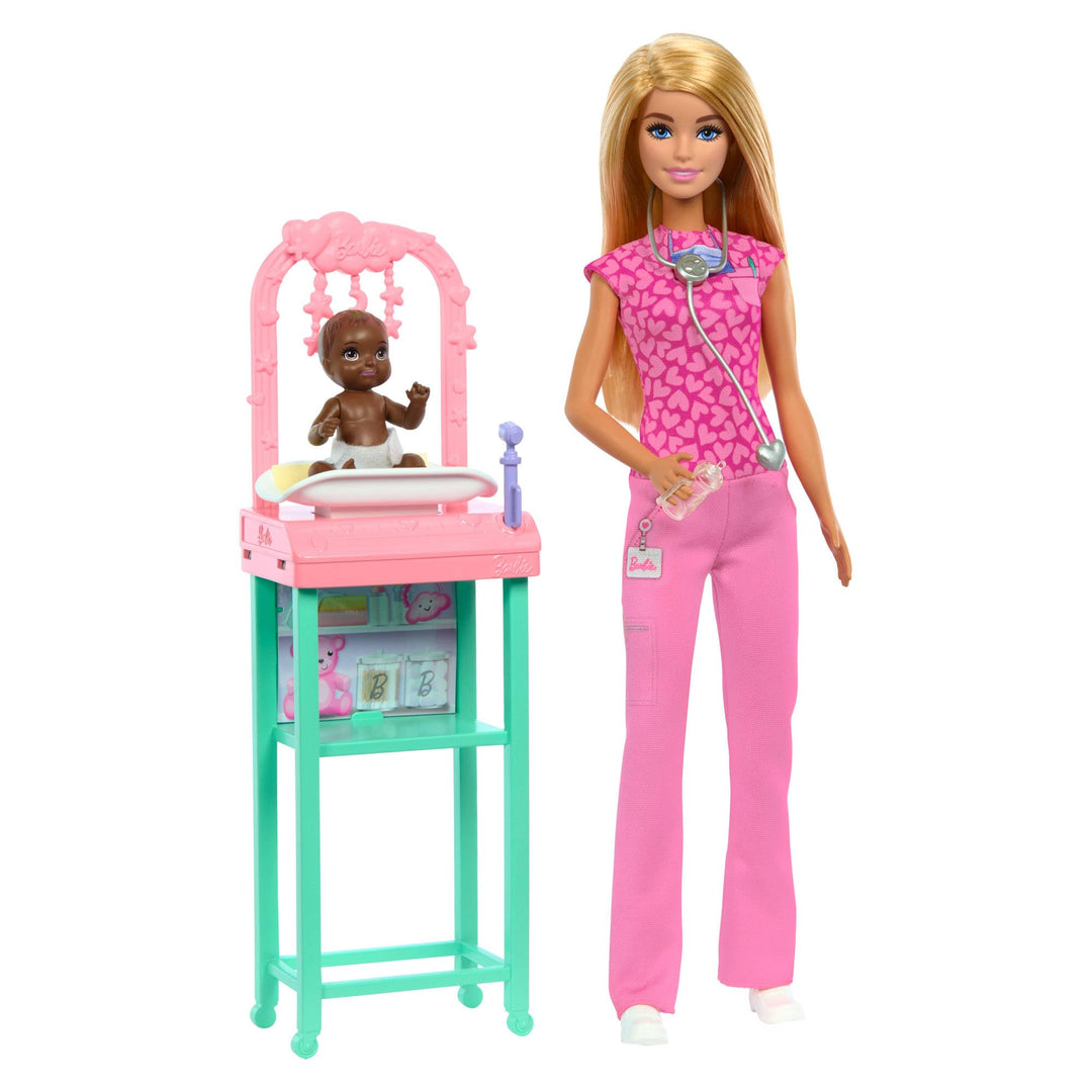 Barbie Kinderärztin-Puppe mit blonder Modepuppe und pinkfarbenem Kittel-Set, 1 Baby-Patientenpuppe m