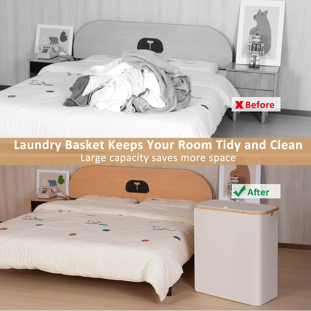 iEGrow Wäschekorb150L XL-Extra Gross 2 Fächer Wäschesammler mit Bambusgriff und Deckel, Laundry Bask