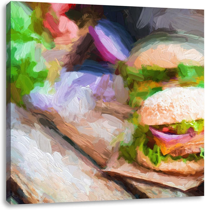 Pixxprint Leckere Burger Pinsel Effekt, Format: 70x70 auf Leinwand, 70x70