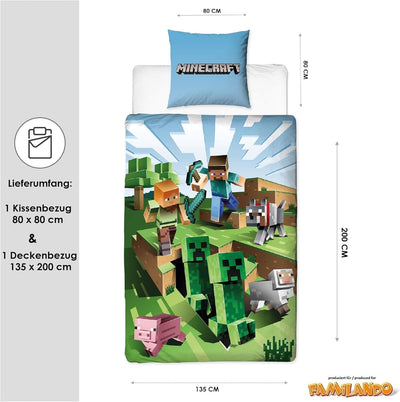 Character World Wende Bettwäsche-Set Minecraft, 135x200cm + 80x80cm, 100% Baumwolle, grün Motiv Craf