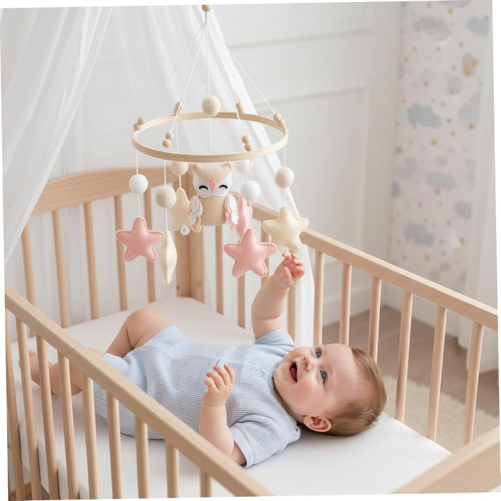 Baby-Mobile für das Kinderbett, hölzernes Babybett-Mobile mit Filzkugeln, Eule und Stern, Bettglocke