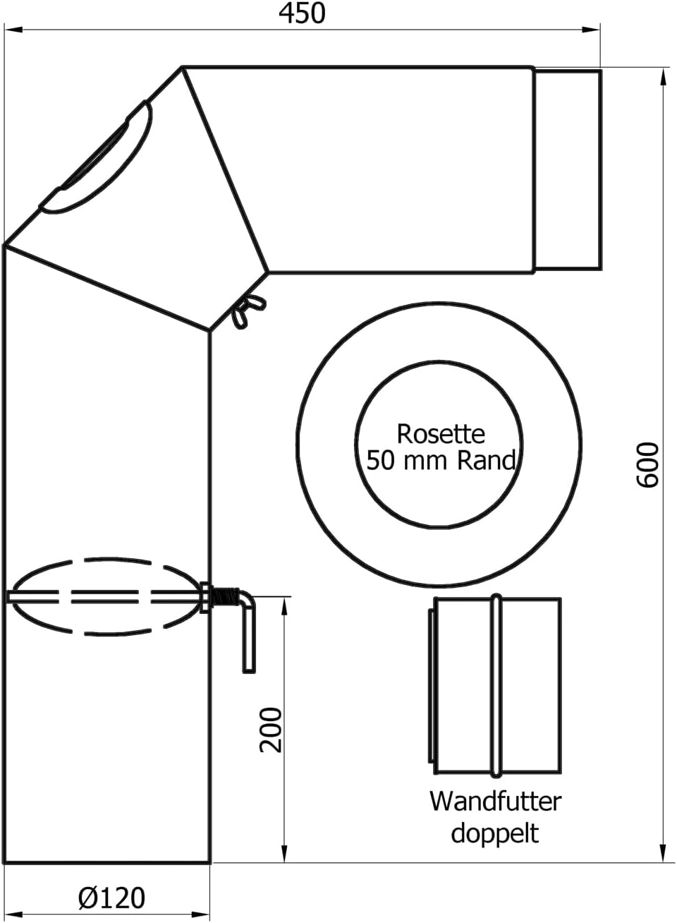 raik Rauchrohr Set 120 mm gussgrau Durchmesser mit Bogen 3-teilig 90° Reinigungsöffnung Zugregulieru