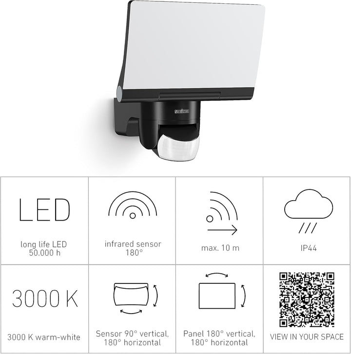 Steinel LED-Strahler XLED Home 2 S Schwarz, Flutlicht, voll schwenkbar, 13,7 W, 180° Mit Bewegungsme