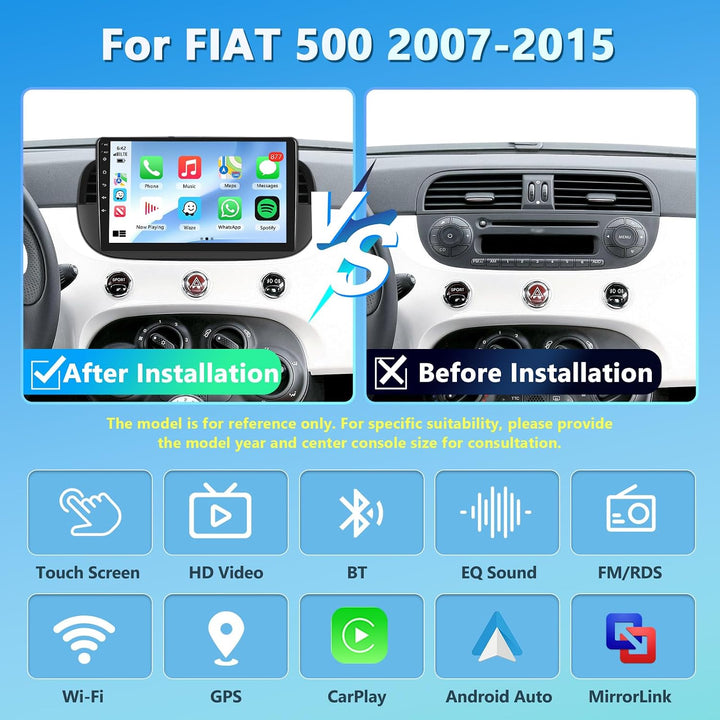Carplay Autoradio für FIAT 500 2007-2015, 2GB+64GB Bildschirm Car Stereo mit Wireless Android Auto G