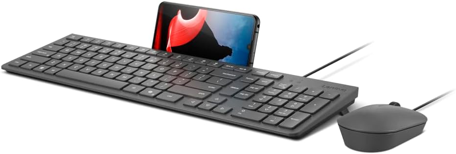 Lenovo 310 USB-A Combo Tastatur und Maus mit Kabel (Roter optischer Sensor, 2000 DPI, 3 Tasten, Scro
