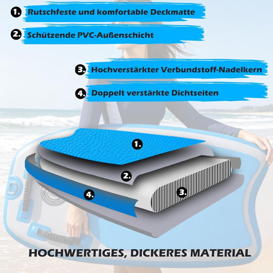 DURAERO Aufblasbares Bodyboard 105 x 53 x 10 cm, Boogie Board für Kinder und Erwachsene, mit 3 siche