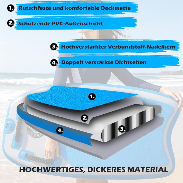 DURAERO Aufblasbares Bodyboard 105 x 53 x 10 cm, Boogie Board für Kinder und Erwachsene, mit 3 siche