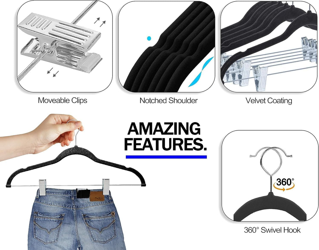 GVTECH Samt Hosenbügel mit Clips [24 Stück] verstellbaren Metall-Clipbügel für Hosen Rockbügel mit E