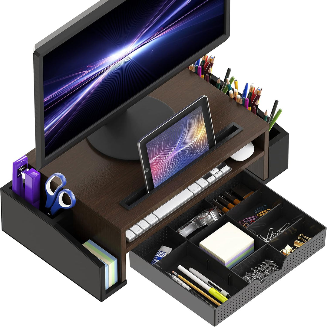 Simple Houseware Schreibtisch-Monitorständererhöhung mit Verstellbarer Organizer-Ablage, Espresso, E