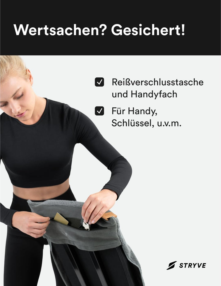 STRYVE Sporthandtuch – Das Original – Towell+ – Platinum Grey – 90 x 40 cm – Magnetclip & Rutschschu