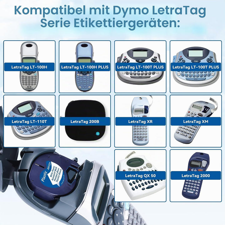 5x MarkField Kompatible für Dymo Letratag Etikettenband 12mm x 4m, Kompatibel mit Dymo Letratag Etik