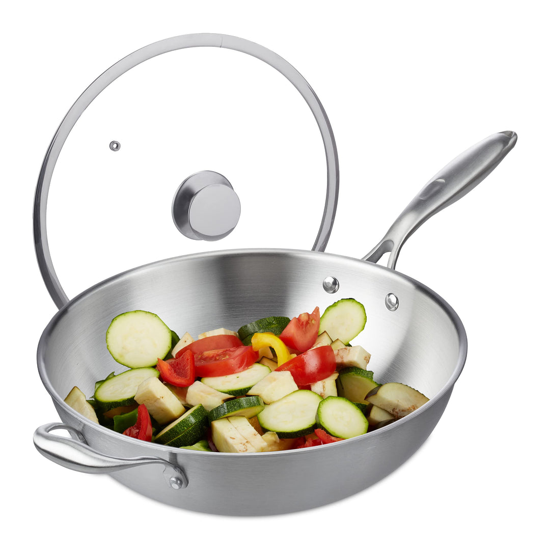 Relaxdays Wok, Ø 32 cm, Edelstahl unbeschichtet, Glasdeckel, Gas-, Elektro-, Induktionsherd, Wokpfan