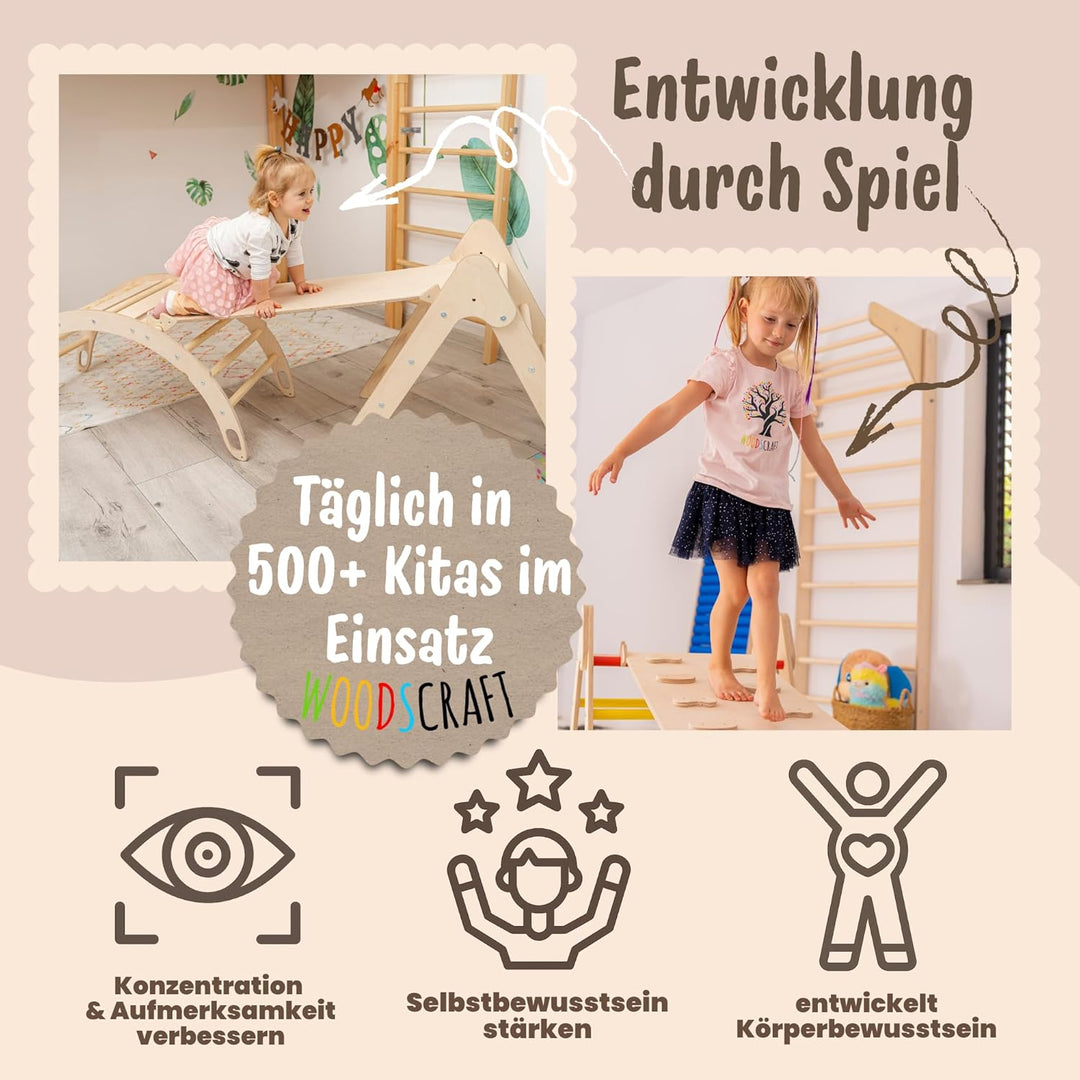 WoodsCraft Kletterbogen mit Kissen - Holz Klettergerüst Indoor - Hypoallergen Kissen für Kletterboge