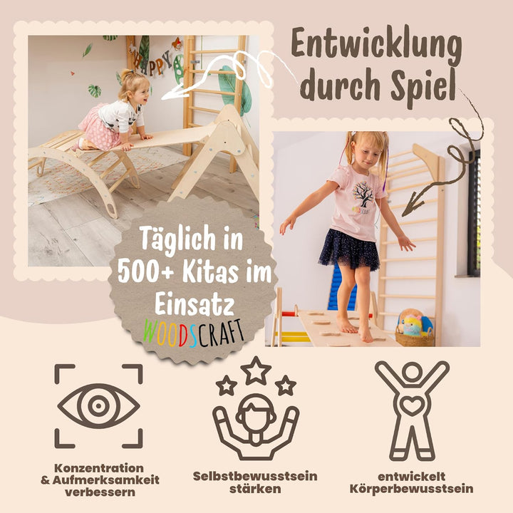 WoodsCraft Kletterbogen mit Kissen - Holz Klettergerüst Indoor - Hypoallergen Kissen für Kletterboge