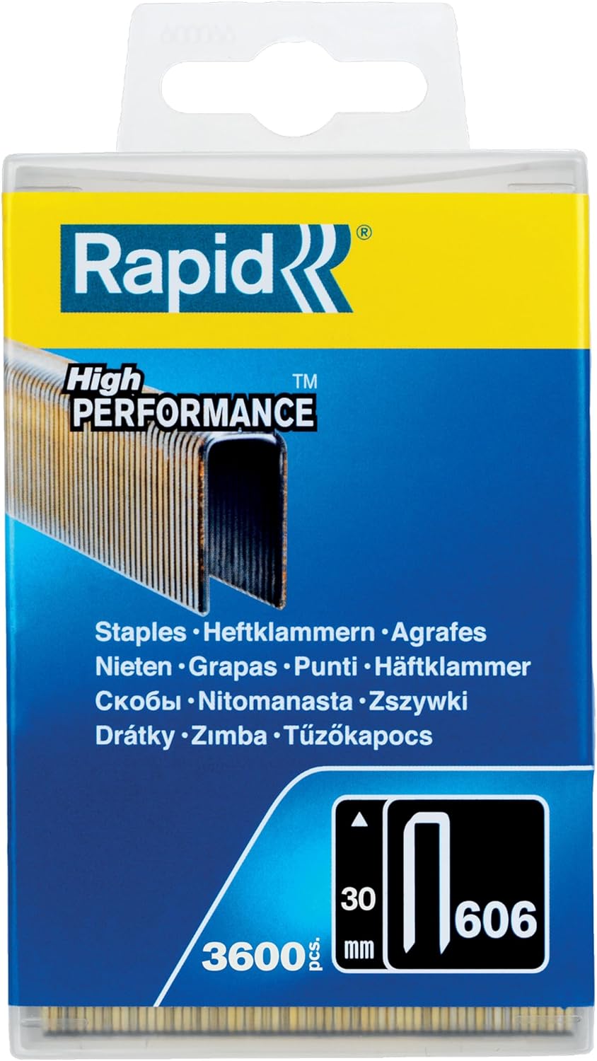 Rapid Tackerklammern Typ 606, 30mm Klammern, 3.600 Stk. Kunststoffbox, Schmalrückenklammern für Holz