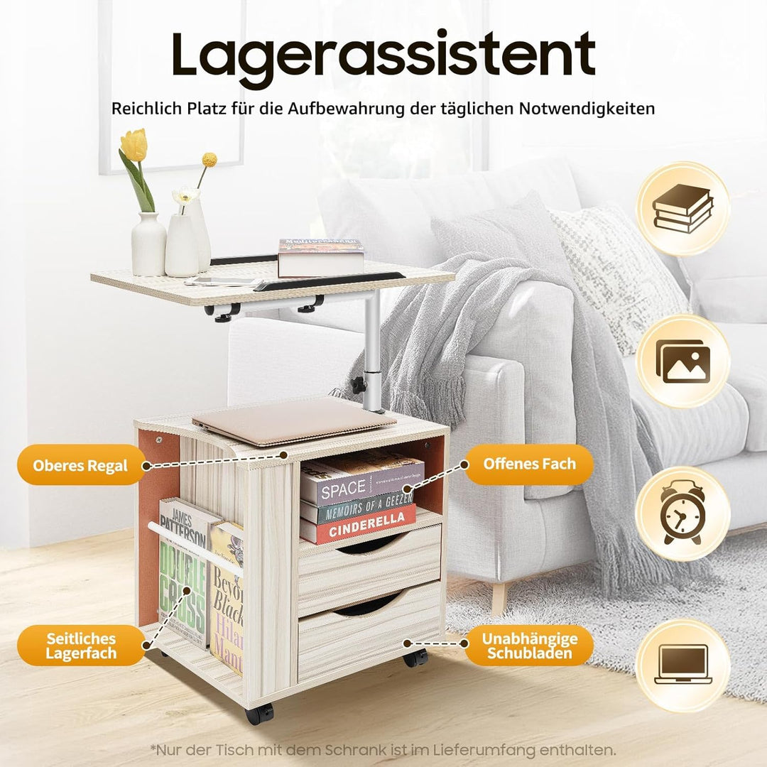 Eieblek Mobiler Beistelltisch Höhenverstellbarer Pflegetisch für Bett mit 4 Rollen, 60×40cm Laptopti