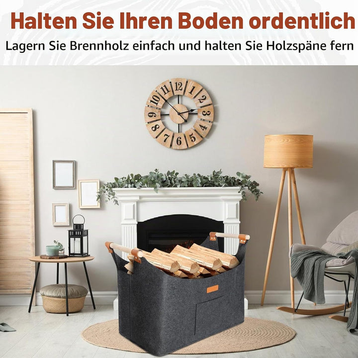 Faltbarer Holzkorb Filztasche 50 x 32 x 40 cm 70L, Korb Aus Brennholz Mit Griff, Extra Dicker Filzko
