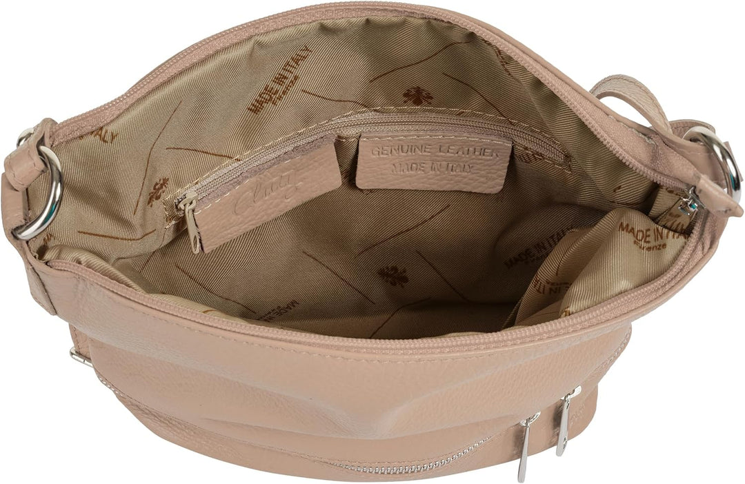 Umhängetasche Echt Leder Damen Made in Italy, verstellbarer Schultergurt, Handtasche mit Reissversch