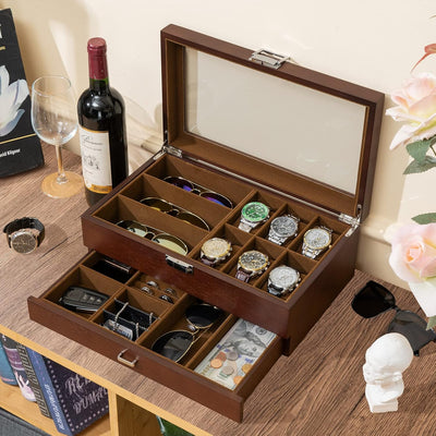 ProCase Uhrenbox Brillenbox aus Holz in Klavierlack hochglänzend, 2 Ebenen, Brillen Aufbewahrungsbox