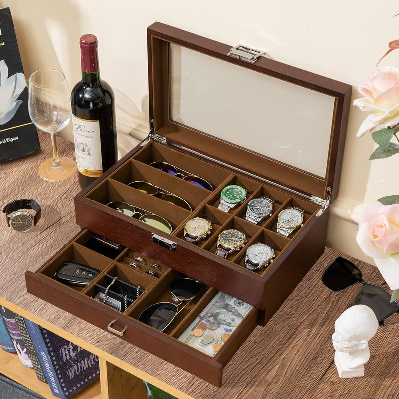 ProCase Uhrenbox Brillenbox aus Holz in Klavierlack hochglänzend, 2 Ebenen, Brillen Aufbewahrungsbox