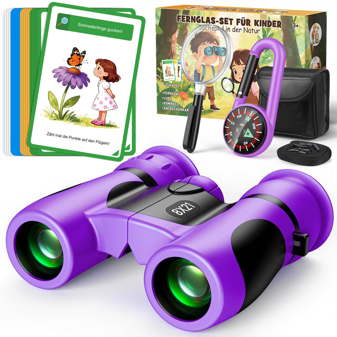 GeschenPark Fernglas Abenteuer Set mit Entdeckungskarten – Kompass – Lupe, Violett 8X-Violett, 8X-Vi