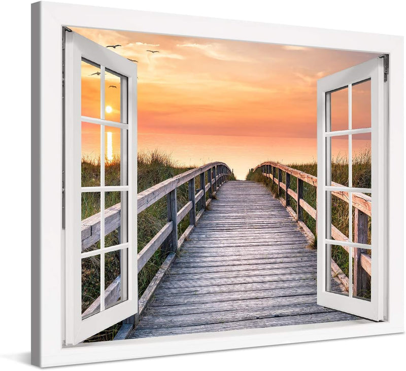 PICANOVA – Bild auf Leinwand Holzweg zum Meer Fenster 80x60cm – Leinwandbild – Premium Leinwanddruck