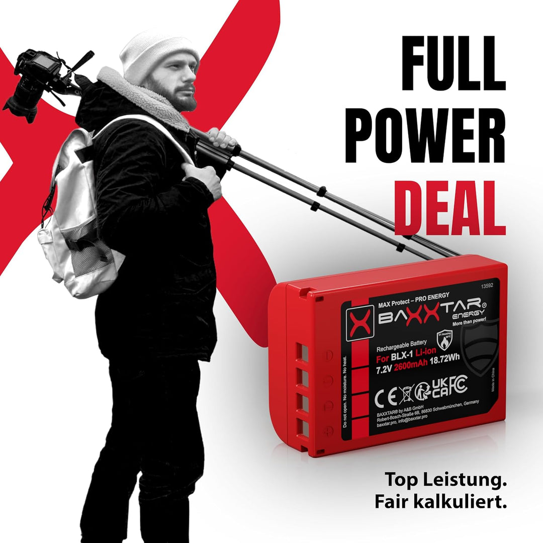 Baxxtar MaxProtect BLX-1 Akku (2400mAh) mit NTC-Sensor und V1 Gehäuse - für OM-1 1x BLX-1 MaxProtect