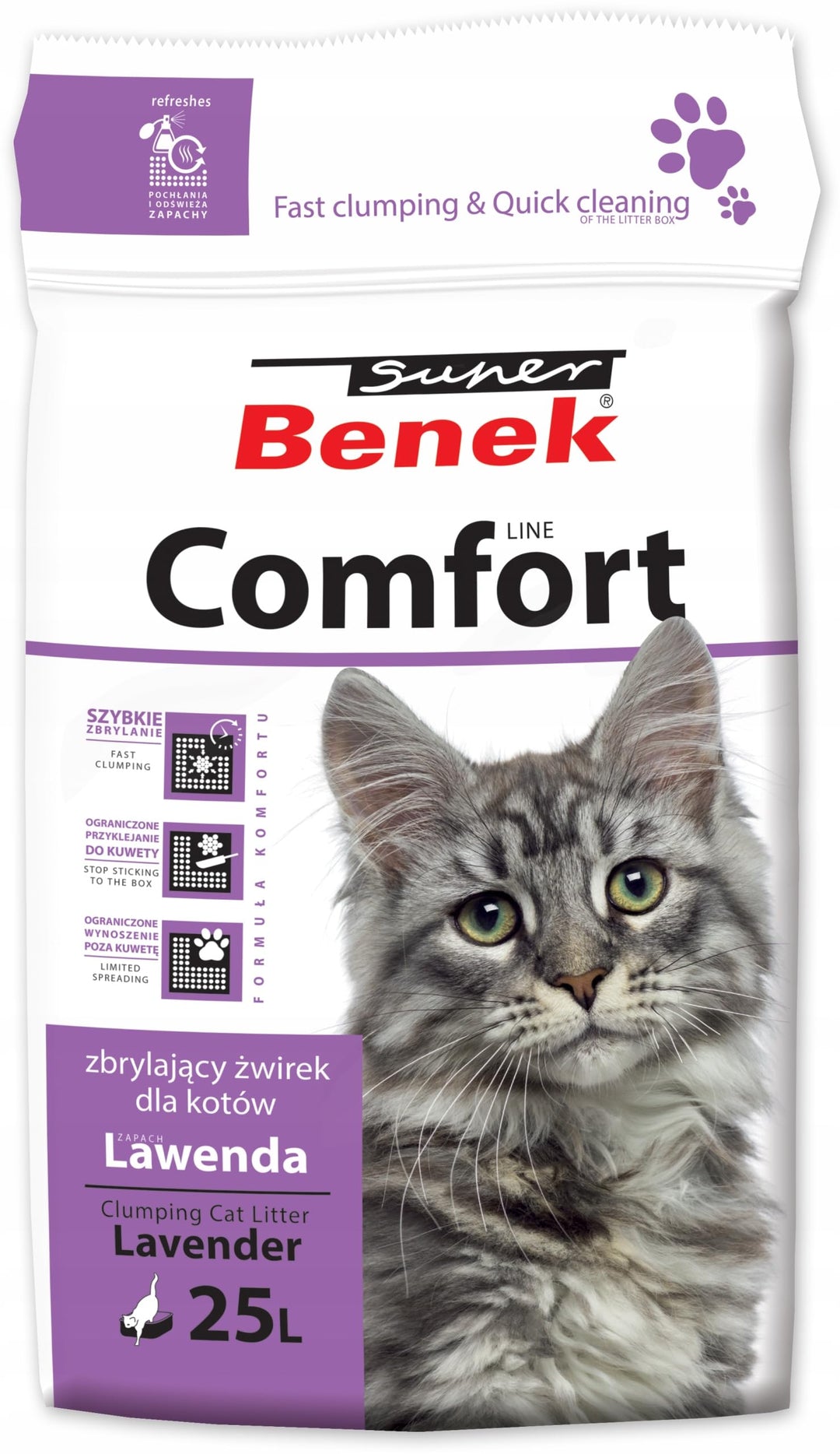 Super Benek Comfort Lavendel Katzenkies Bentonit für Katzentoilette 25L