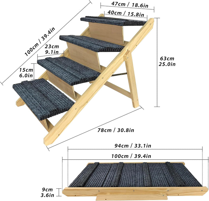 FIVMEN Hundetreppe 2 in 1 Hunderampe Holz Faltbar Höhenverstellbar Haustiertreppe mit Rutschfester T
