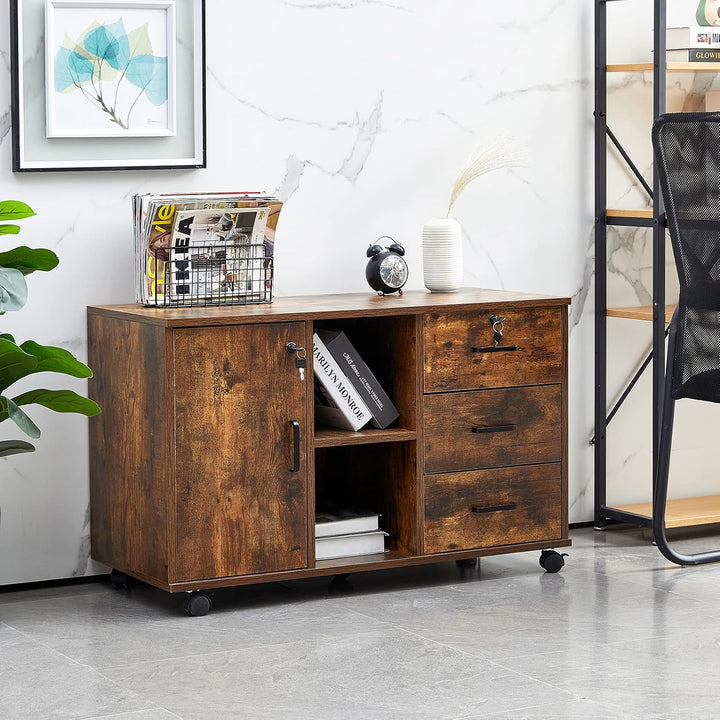 TUKAILAI Rollcontainer Abschliessbar mit 3 Schubladen, Lagerung Fach und Offene Regale, Aktenschrank