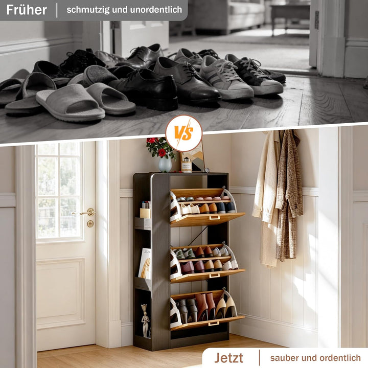 Schuhschrank mit 3 Klappen & Seitlich Offenes Gestell 3 Lagen, Schmaler Schuhaufbewahrung mit Griffe